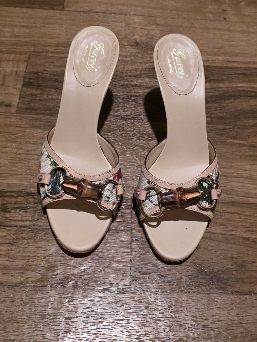 Y2K Gucci Fora Beige Floral Canvas Bamboo Horsebit Slide Mules